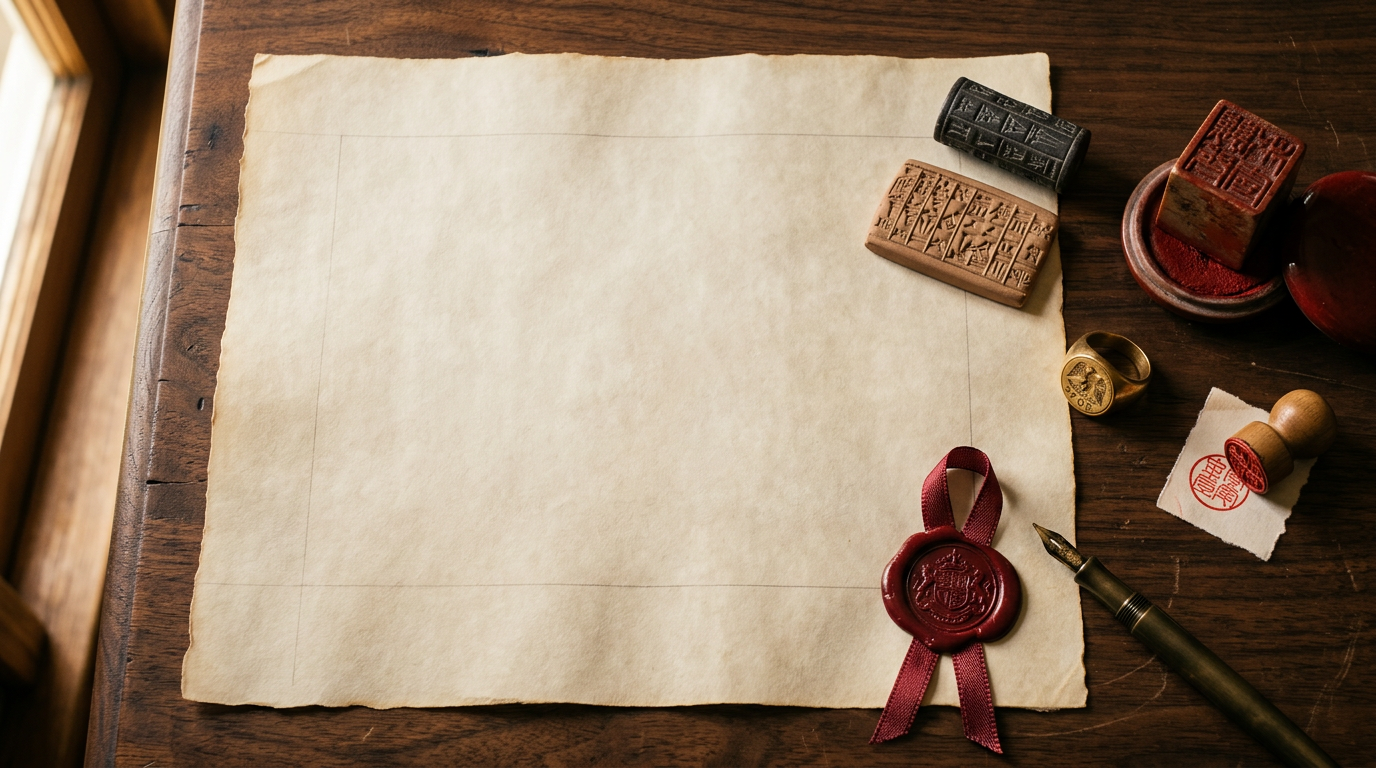 A blank sheet of parchment on a wooden desk with a cylinder seal, a signet ring, a cinnabar stamp, a wax seal and a fountain pen